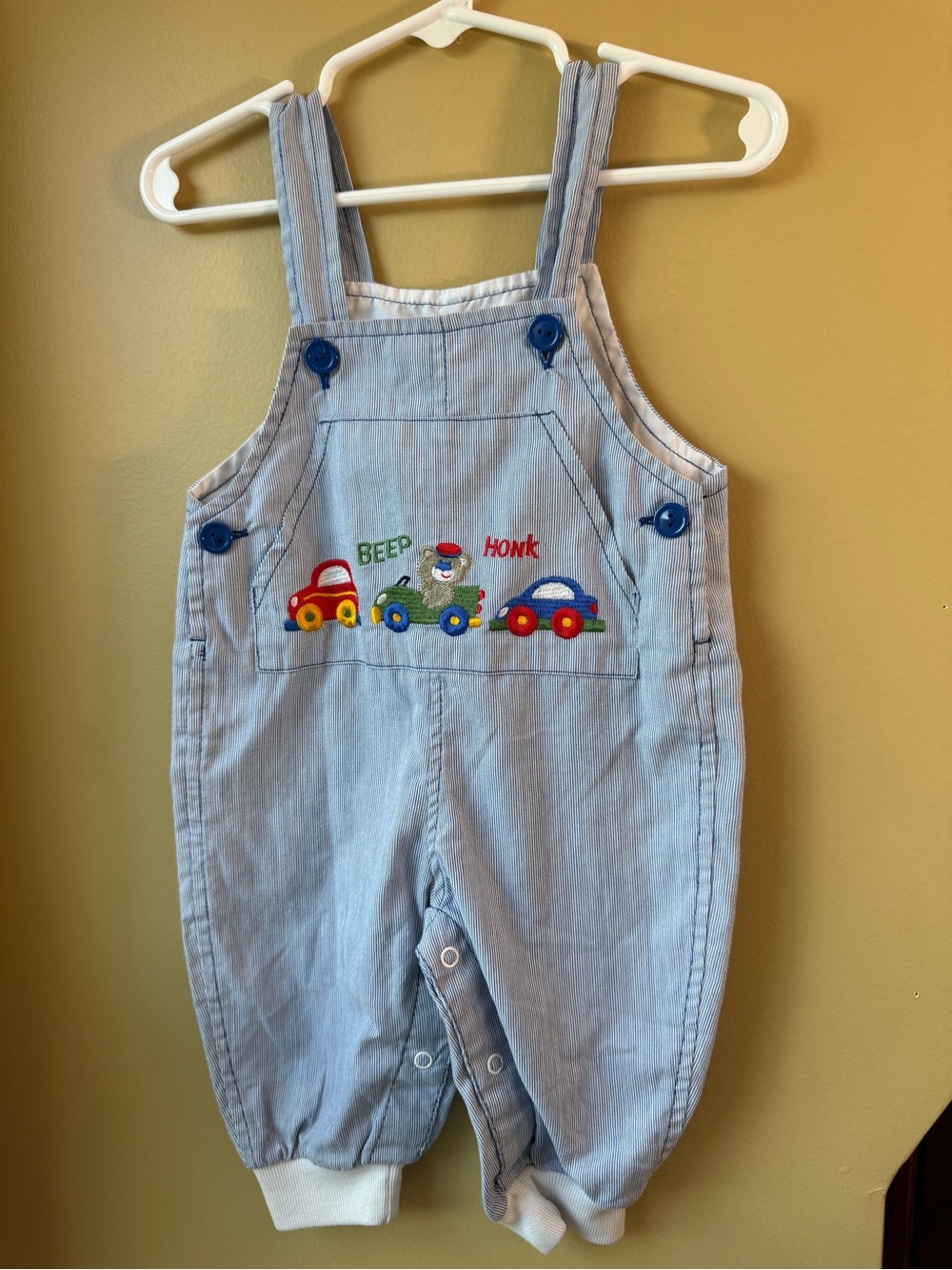 Vintage Baby Romper 3-6M Beep Honk Cars Embroidered Overalls